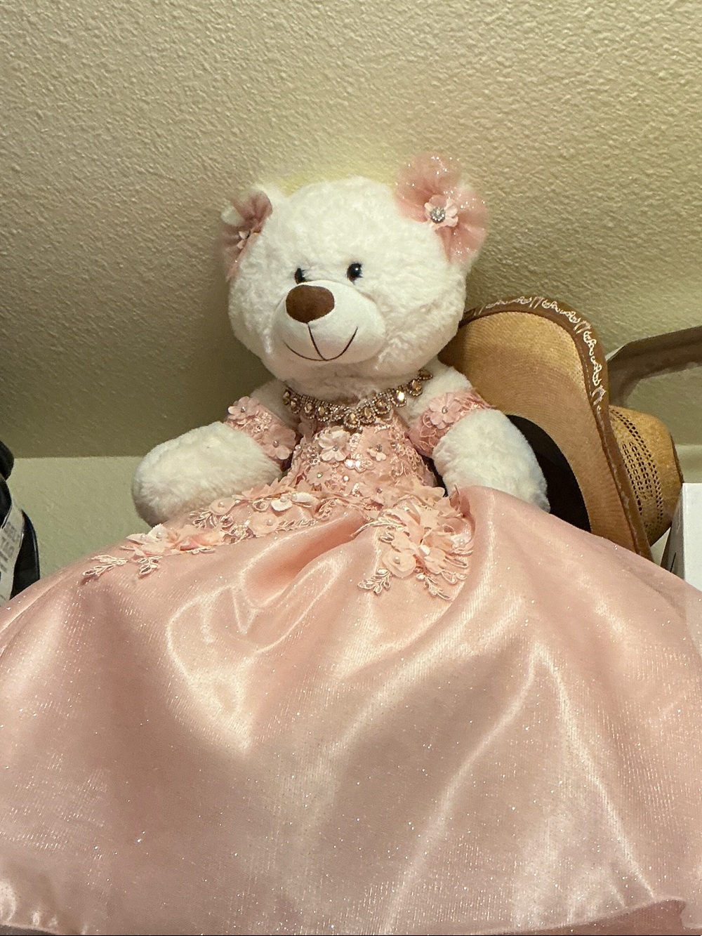 Plush White Teddy Bear in Pink Flower Dress - Kids Toy